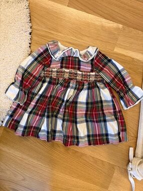 Bonnie Baby Red, White & Green Plaid Smocked Dress